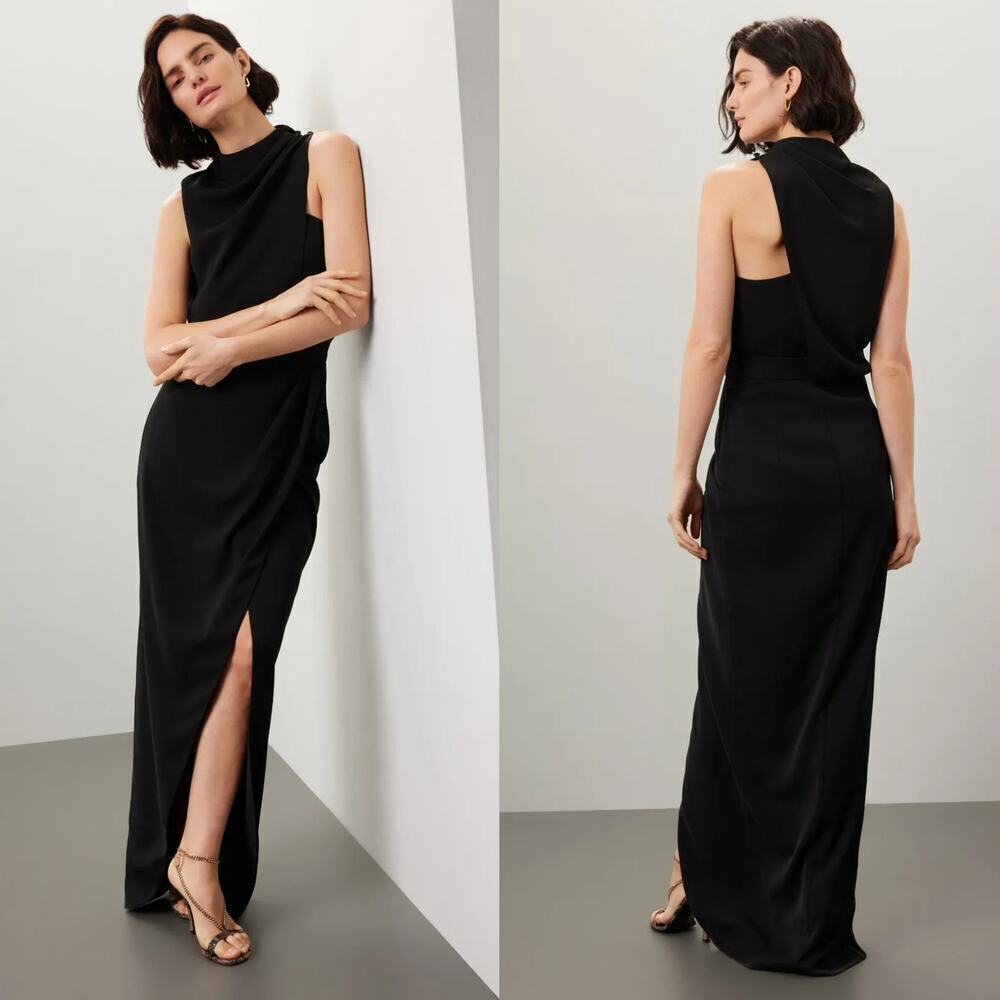 Black Halo Floella Dress Sleeveless Draped Front Slit Column Maxi Gown Black 10